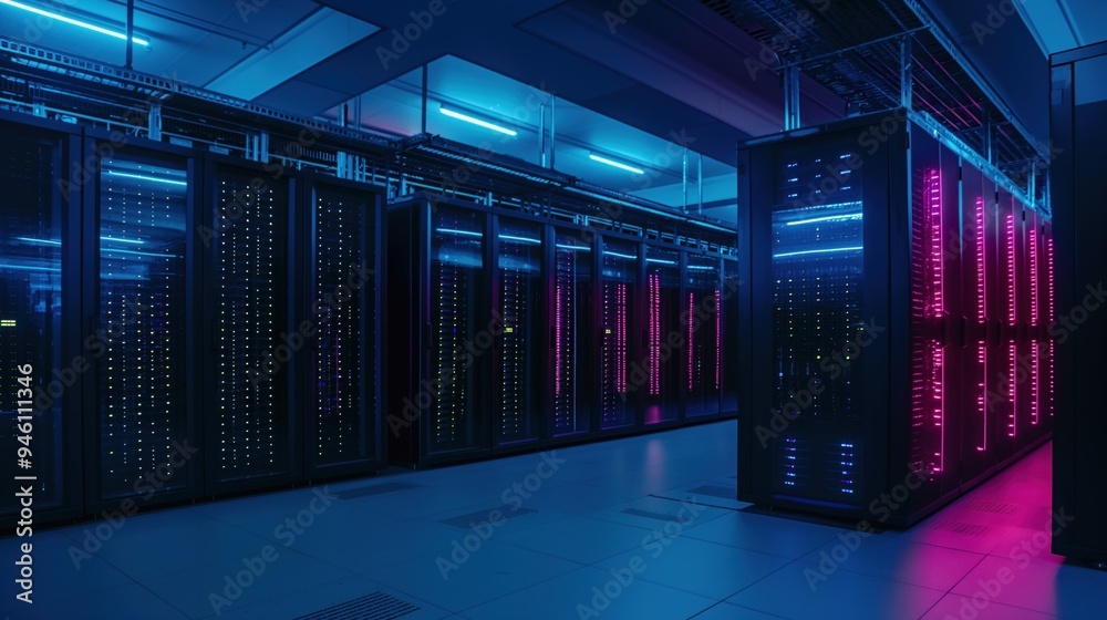 Poster darkened room filled with rows of operational server racks under neon blue and pink lights. modern d