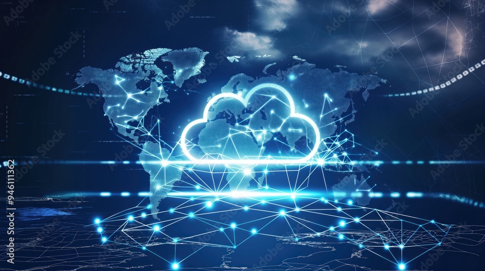 Aufkleber cloud computing concept with prominent cloud icon in center, connected nodes, and small world map po