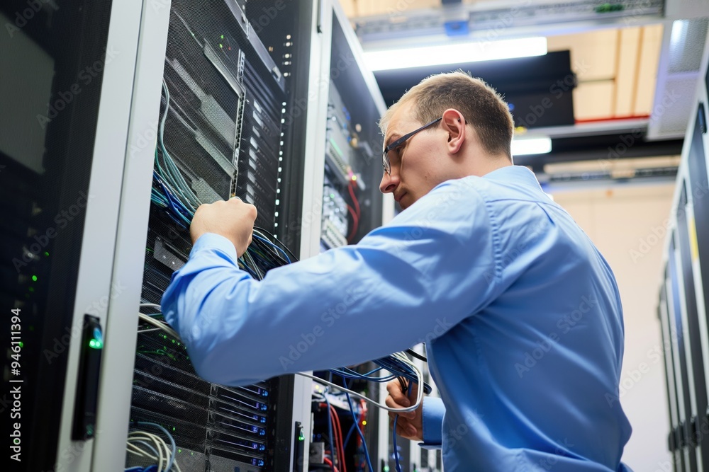 Leinwandbilder network engineer inspects server equipment in data center. man in professional attire works on compu