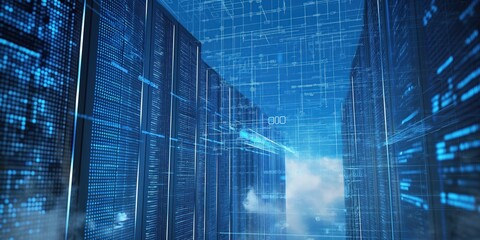 Blue digital matrix composite image against tranquil background with dramatic effect. Computer-generated cloud formation in moody blue sky. Sharp contrast creates a sense of calmness and beauty.