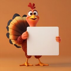 A cartoon turkey holds a blank white sign, perfect for adding your own message.