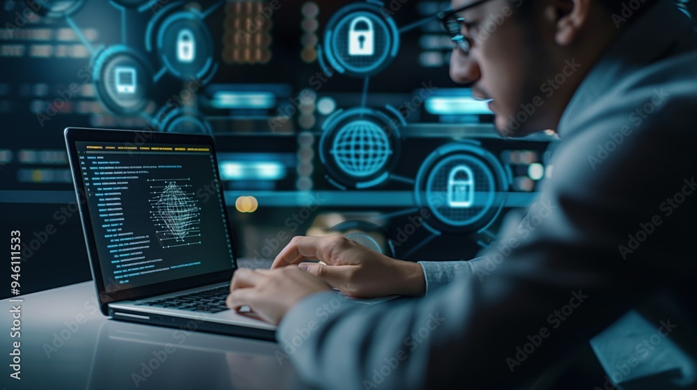 Leinwandbilder system administrator works on laptop developing software for data protection, reducing vulnerability