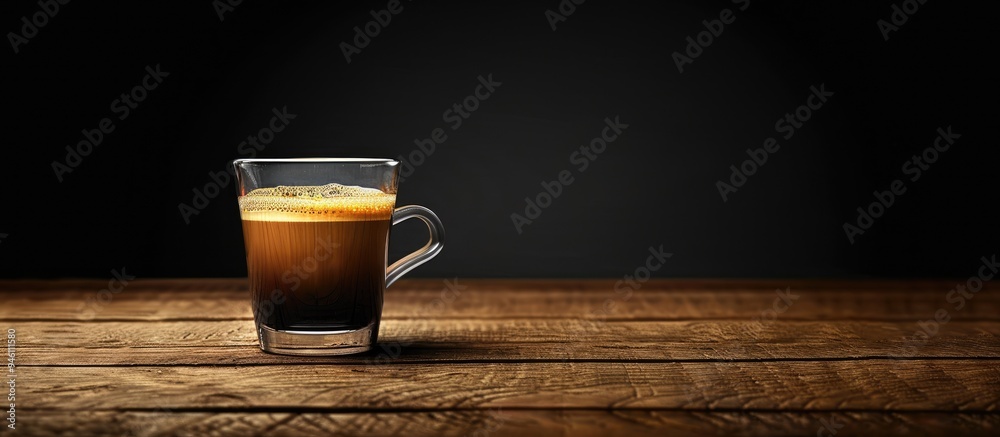 Poster Espresso coffee on a wooden surface with a black background. Copy space image. Place for adding text and design