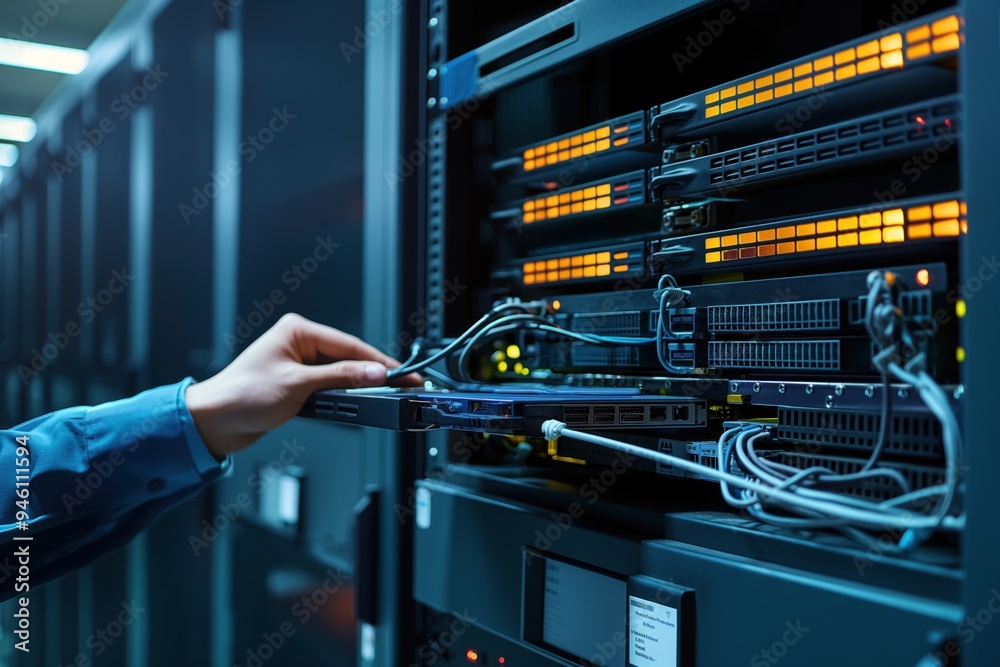 Poster person hand reaches into black server rack, pulling out blue hard drive from data center room. yello