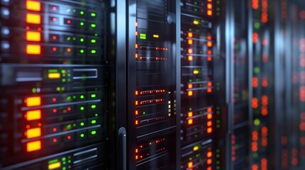 Data center interior showing server equipment with flickering light indicators in a close-up view. Photorealistic animation of computer hardware and network infrastructure.