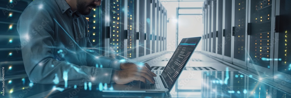 Poster man sits in front of laptop computer with multiple screens displaying server room, data center, big 