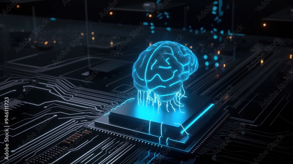 Fototapete Close-up of glowing blue brain circuit on microchip connected to computer motherboard for big data processing and artificial intelligence technology background.