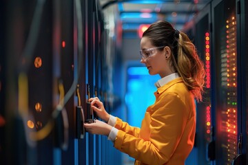 Female IT specialist works in modern data center server room. She sits in front of a row of computer servers, laptop on her lap, surrounded by network equipment, monitoring system health.