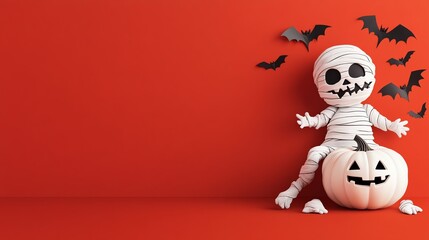 A cute mummy figure with a pumpkin and bats on a vibrant red background, perfect for Halloween-themed designs.