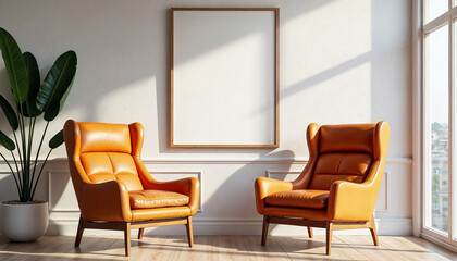 Two orange leather armchairs against stucco wall with poster frame. Mid century home interior design of modern living room, chairs , background