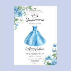 Quinceanera Floral Blue Party Invitation © printdiyparty@gmail