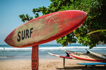 Red surfboard signpost stands on Kuta beach in Bali, Indonesia, pointing to surf lessons. Colorful beach scene with palm trees and sunbathing tourists.