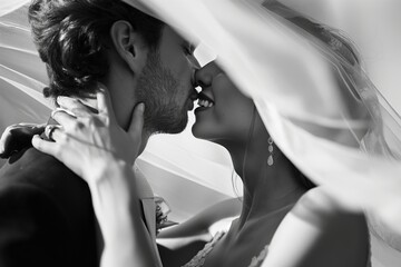 Naklejka premium Tender moment between bride and groom in love. Black suit, white dress, romantic kiss. Intimate gaze, affectionate interaction. Wedding couple happiness.