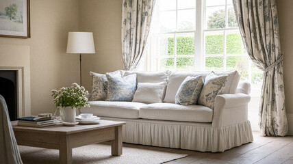 Fototapeta premium Elegant cottage or country house room, interior design and home decor, furniture and soft furnishing fabric and upholstery, English countryside style idea