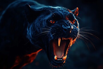 Black panther aggressively roaring. A powerful black cougar aggressively lunging forward, surrounded by sparks and flames, set against a dark, moody background