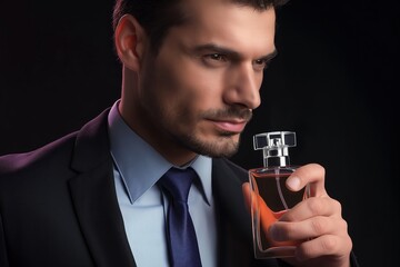 Handsome man in formal suit holds bottle of perfume on dark background. Close-up shot of male applying fragrance. Luxury, elegant style for fashion, fragrance, and cosmetics.