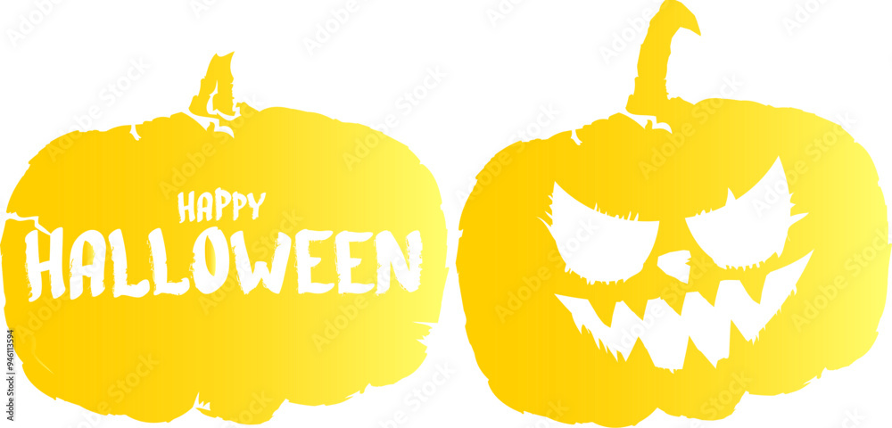 Poster happy halloween text banner or label. vector halloween calligraphic text label with scary pumpkin is