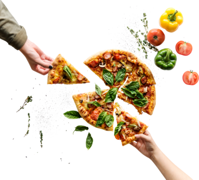 Hand holding png pizza transparent background