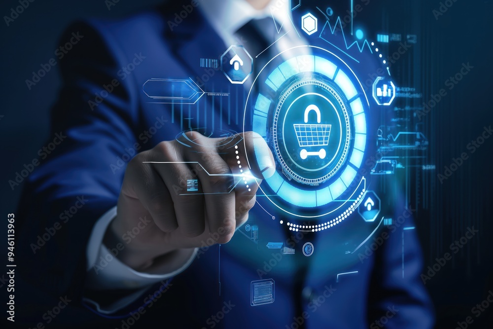 Leinwandbilder businessman presses button on computer screen, securing digital data. cybersecurity concept with fir