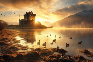 A castle on the shore of a loch with geese swimming in the water.