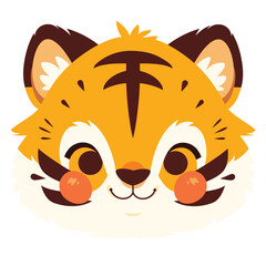 Cute tiger face, a simple flat illustration style with bright colors and a white background