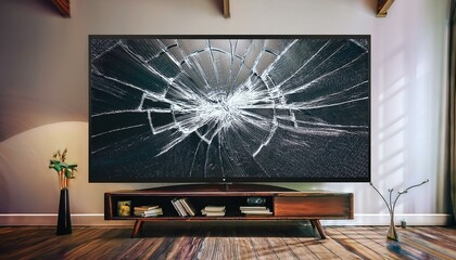 A broken television screen in the living room, material damage