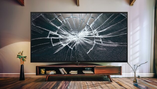 A broken television screen in the living room, material damage