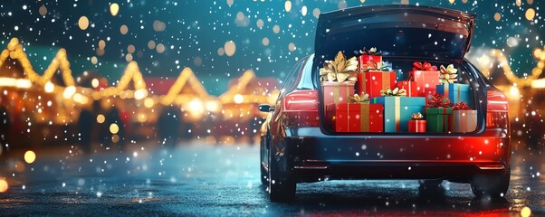 A banner illustration with copy space for text of a car boot/ trunk filled with Christmas present, gift boxes with a Christmas theme background