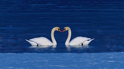 Obraz premium Two swans forming a heart shape while swimming in a blue body of water against a blue sky backdrop