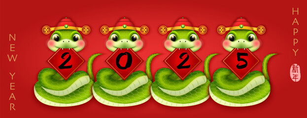Chinese new year of cute cartoon snake holding spring couplet. Chinese translation : New year