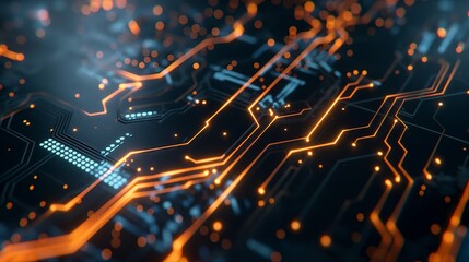 Fototapeta premium A close-up view of a circuit board with glowing orange lines and nodes, symbolizing technology.