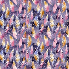 Abstract watercolour seamless pattern with autumn leaves in pink, yellow, orange, brown, blue and purple pastel colours.