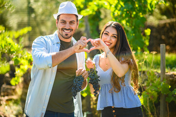 Obraz premium Happy couple making heart shape with hands in vineyard