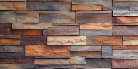A textured wall made of various colored stone panels for decorative purposes.