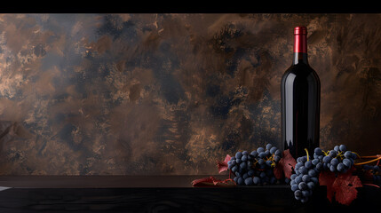 wine bottle with black grapes on the copper background, mockup