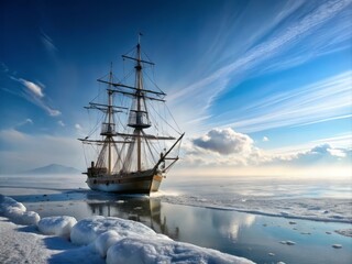 Fototapeta premium A lone, snow-covered ship, its sails frozen in place, drifting across the Okhotsk like a spectral apparition