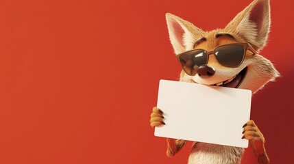 Obraz premium A cute cartoon coyote wearing cool sunglasses, holding a white mock up card/ billboard, yellow background, copy space for text, funny, cheeky