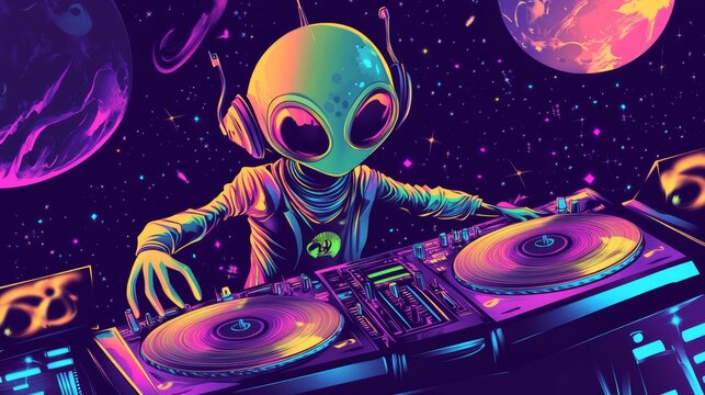 A groovy cartoon alien DJ spins records at a vibrant space-themed disco party