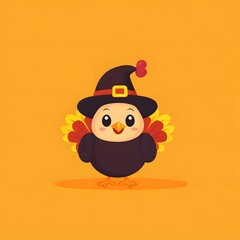 A cute cartoon turkey wearing a witch hat.