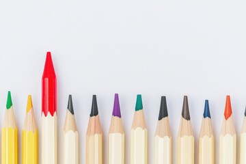 A red pencil stands out from a row of pencils.