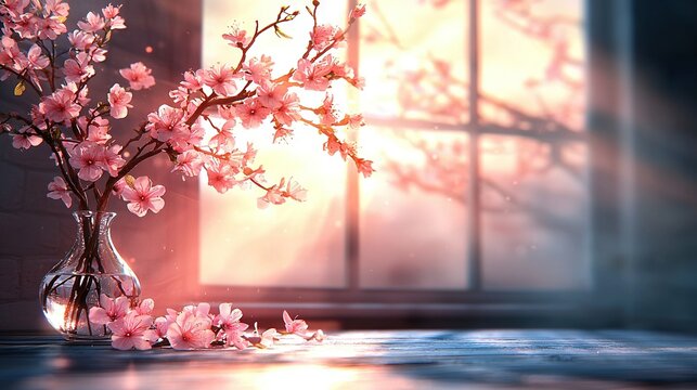   A vase with pink flowers sits on a table in front of a bright window, bathed in sunlight
