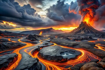 Volcanic landscapes transformed into surreal, dreamlike worlds, where molten lava flows like liquid silver