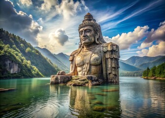 Fototapeta premium A massive, ancient stone statue rising from the lake's depths, its features worn by time and the elements.