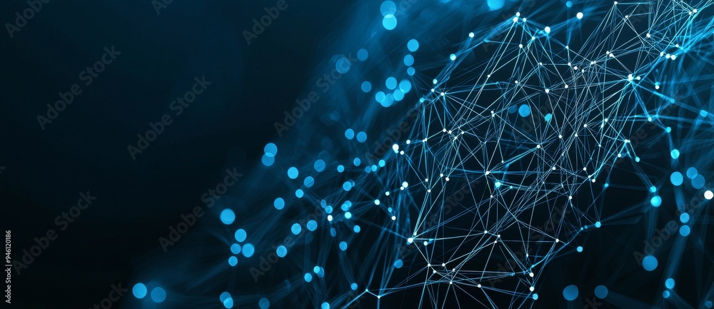Poster Banner with blue abstract background with network grid and particles connected. Graphic background based on data and line connections. Stock.