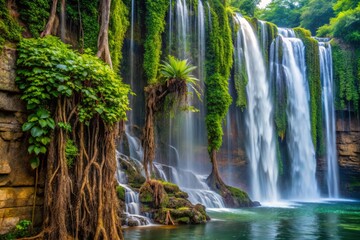 Obraz premium Vines and creepers reclaiming the falls' rugged terrain, as nature reasserts her dominance over the force of water.