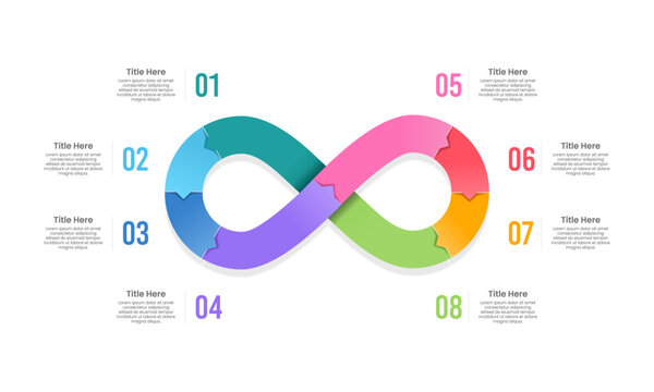 Business infographic with 8 options or steps. Infographic infinity design template. Business presentation, Report, Banner, Planning and Marketing. Vector illustration.