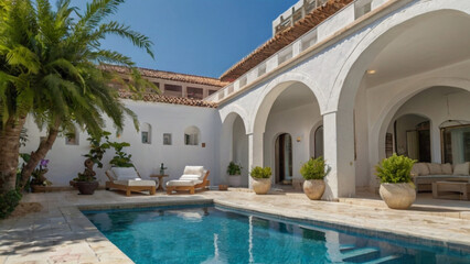 A large pool with a white wall and a blue sky in the background. The pool is surrounded by white lounge chairs