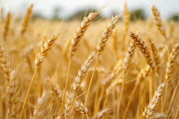 Obraz premium Yellow wheat field in summer harvest season. Golden grains ripen on stalks under warm sunlight. Nature beauty in rural landscape with crops growing outdoors.