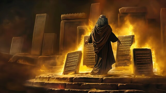 Illustration of stone tablets with Ten Commandments written in chiseled font. Tablets are held by God hand, surrounded by flames, fire from heaven. Symbolic reminder of covenant between God, Moses.
