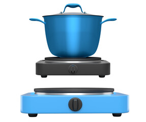 Stainless steel stewpot and chrome plated aluminum cookware on portable camping electric stove on white background. 3d render of non-stick kitchen utensils